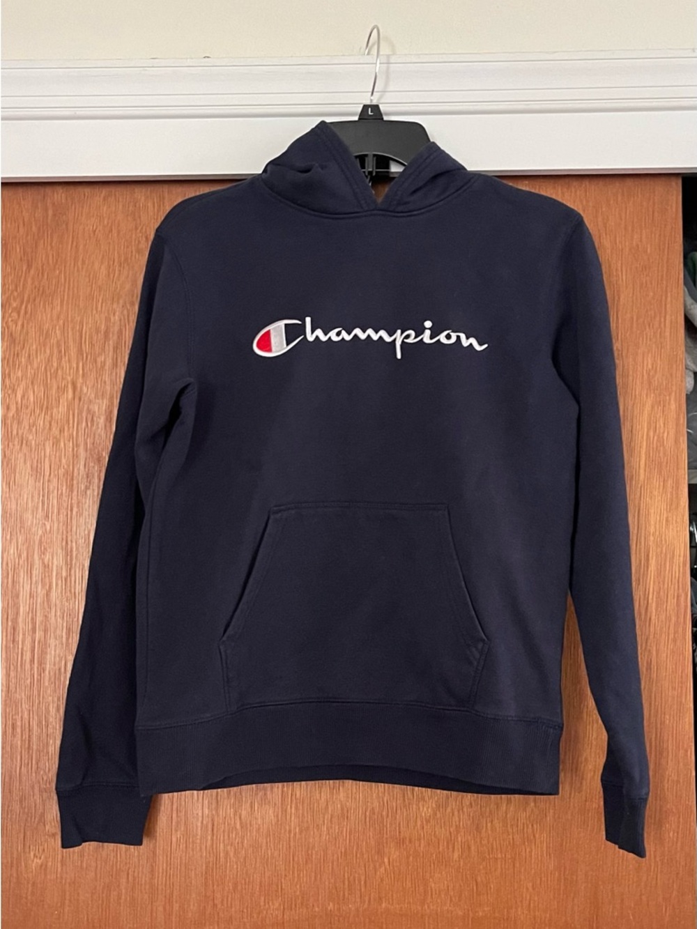 Champion Navy Hoodie with Script Logo - Kids XL